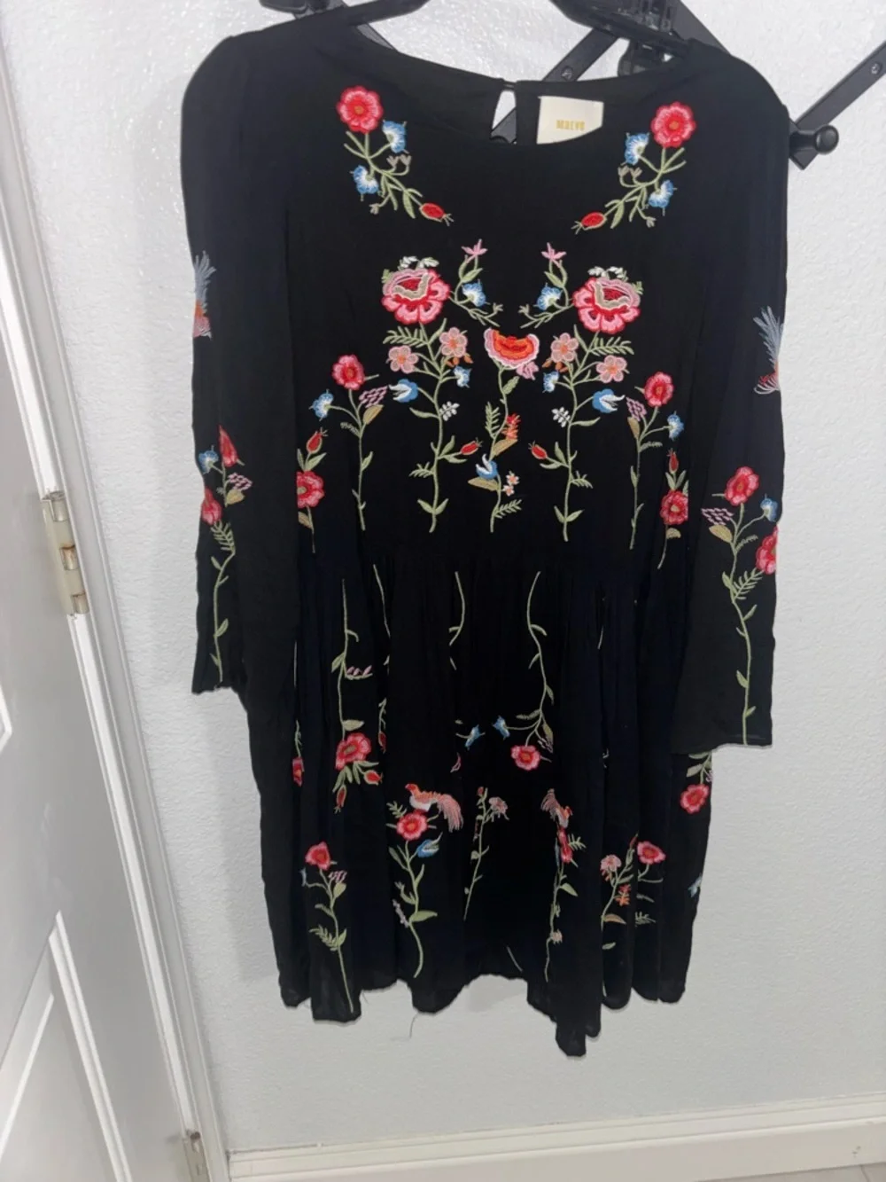 Anthropologie Maeve Allison Embroidered Bird Floral Mini Dress Black Small - Picture 4 of 7